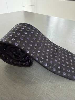 Men's Black Tie with Purple Floral Motif